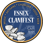 Circular logo for Essex Clamfest, featuring a pile of clams and text listing music, artisans, chowder, food, and beer.