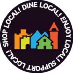 Circular sticker with a colorful illustration of buildings and the text “SHOP LOCAL! DINE LOCAL! ENJOY LOCAL! SUPPORT LOCAL!” circling the edge.