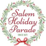 Salem Holiday Parade, since 1971, inside a watercolor wreath of greenery and red berries with a red bow at the bottom.